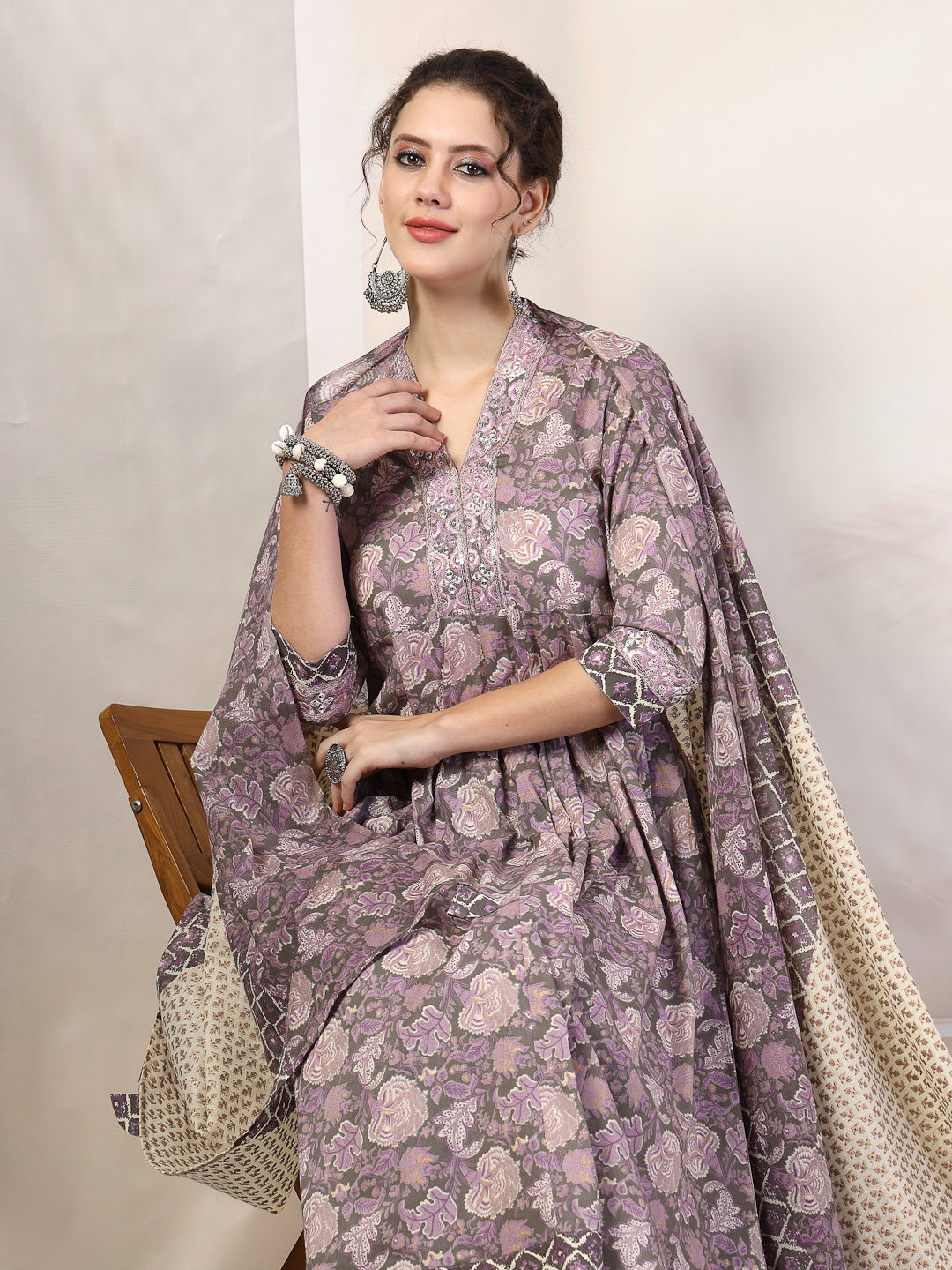 Cotton Calf Length Printed Flared 3/4 Sleeves V-Neck Kurta, Bottom With Dupatta