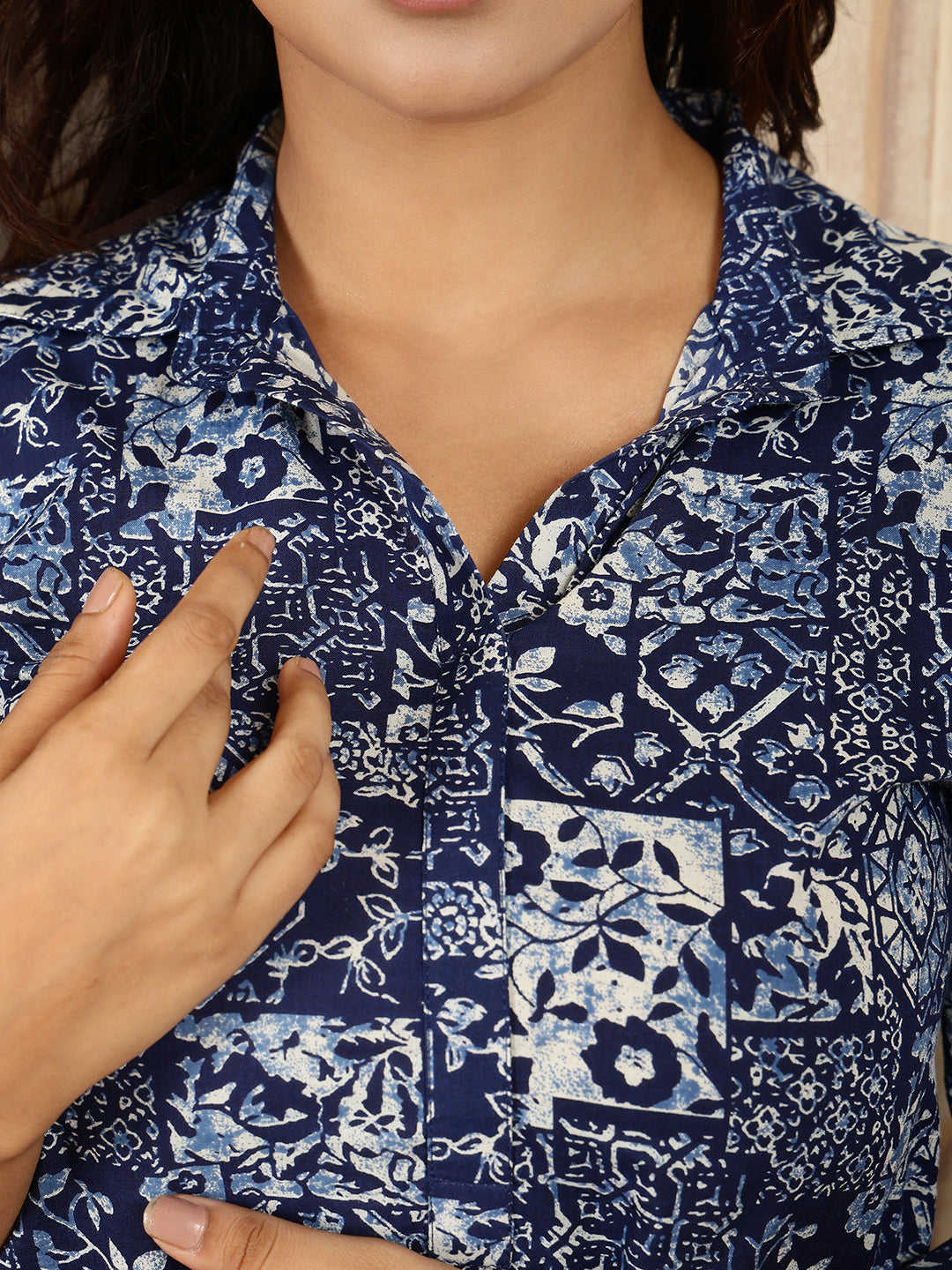 Cotton Hip Length Printed Straight 3/4 Sleeves Shirt Coller Kurta Suit Set