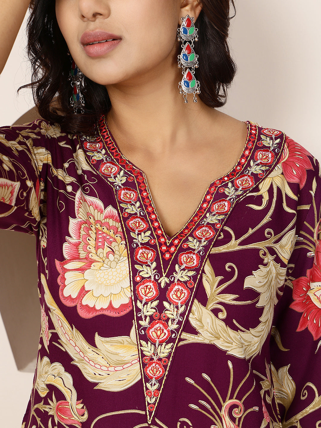 Rayon Calf Length Printed Straight 3/4 Sleeves V Neck Kurta
