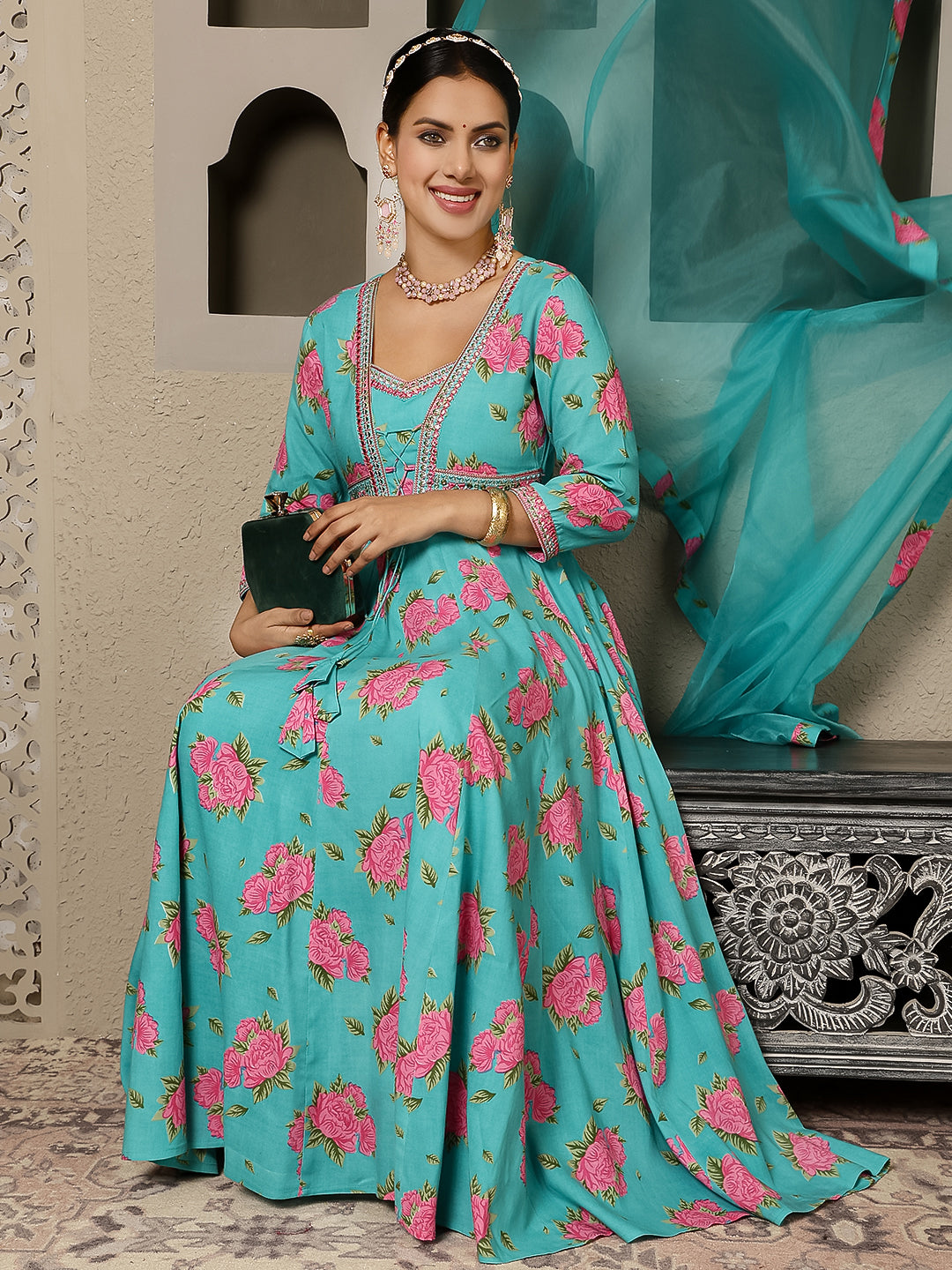 Rayon Calf Length Printed Flared 3/4 Sleeves V Neck Kurta, Bottom With Dupatta