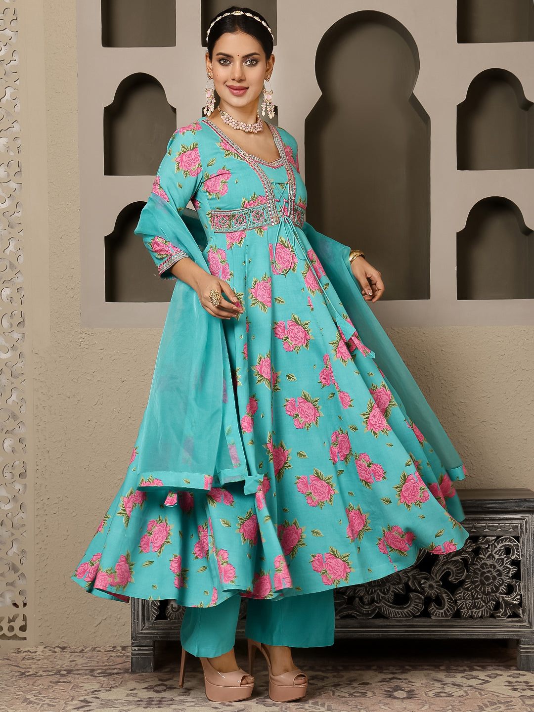 Rayon Calf Length Printed Flared 3/4 Sleeves V Neck Kurta, Bottom With Dupatta