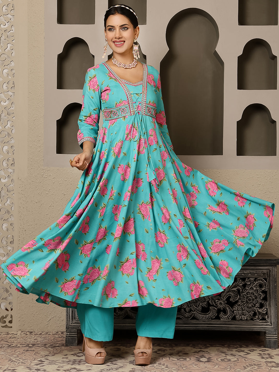 Rayon Calf Length Printed Flared 3/4 Sleeves V Neck Kurta, Bottom With Dupatta