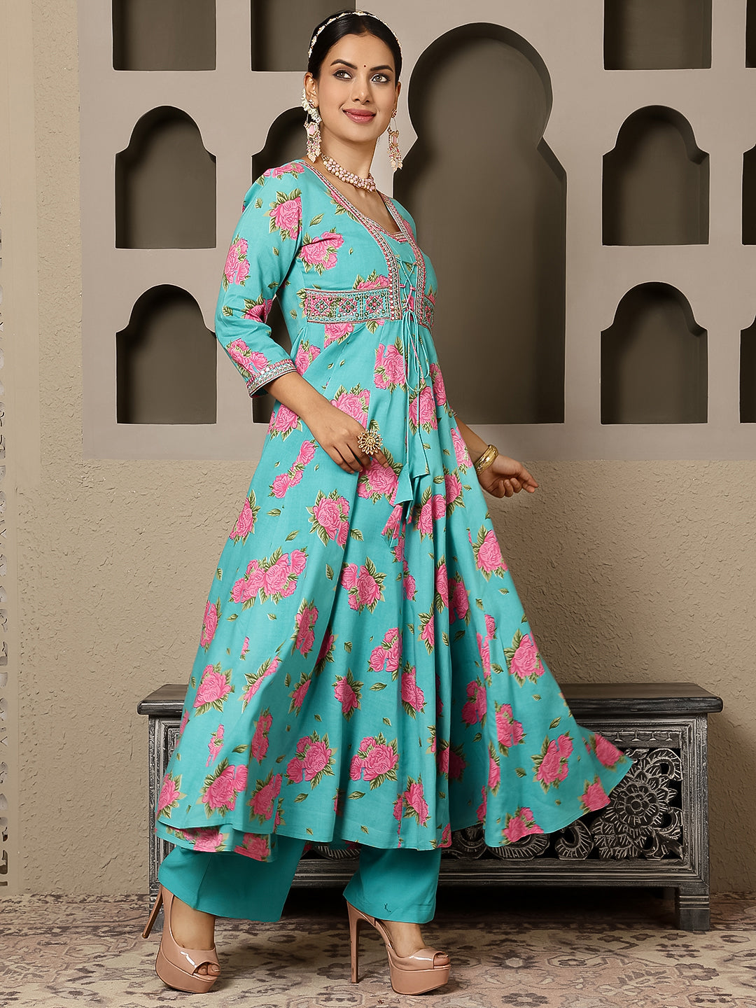 Rayon Calf Length Printed Flared 3/4 Sleeves V Neck Kurta, Bottom With Dupatta