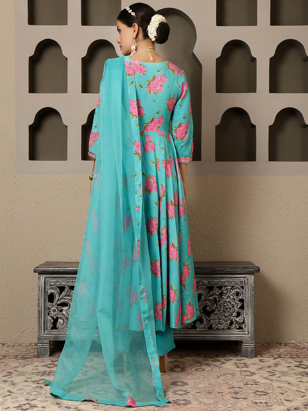 Rayon Calf Length Printed Flared 3/4 Sleeves V Neck Kurta, Bottom With Dupatta