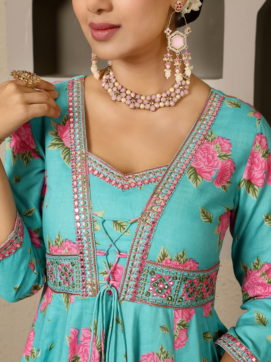 Rayon Calf Length Printed Flared 3/4 Sleeves V Neck Kurta, Bottom With Dupatta