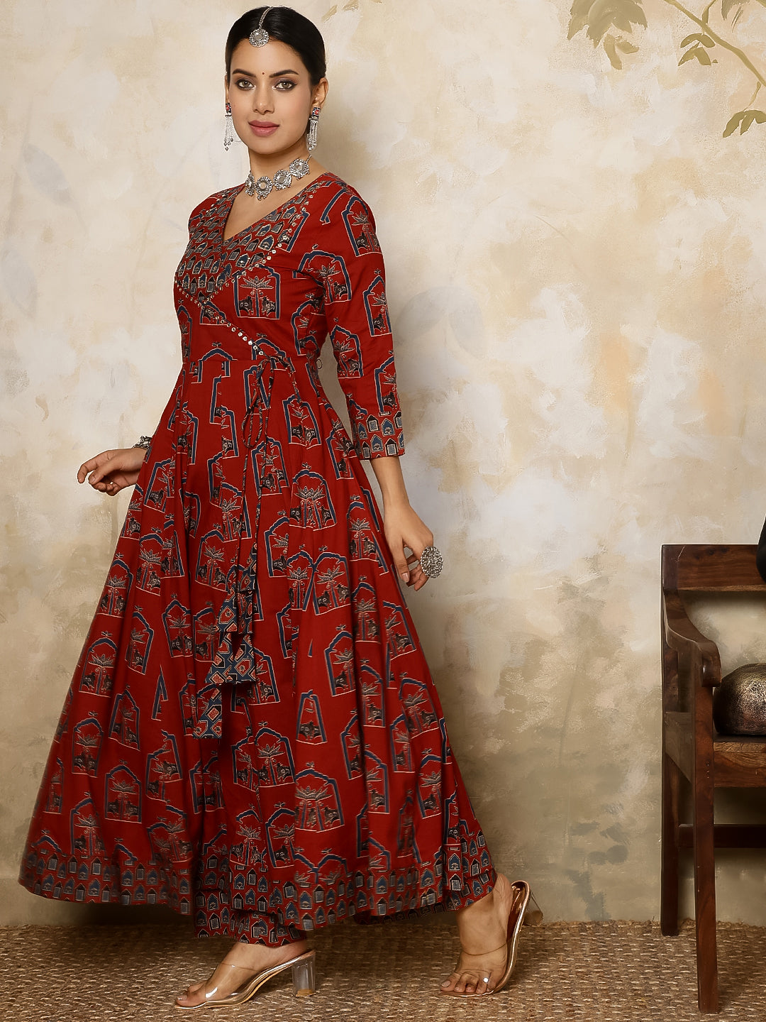 Cotton Calf Length Printed Flared 3/4 Sleeves V Neck Kurta, Bottom With Dupatta