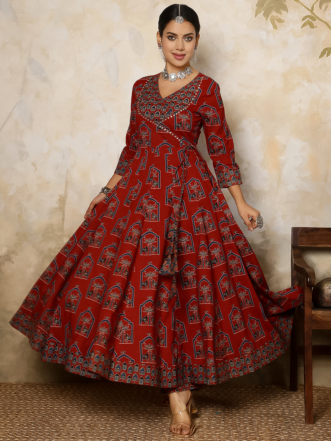Cotton Calf Length Printed Flared 3/4 Sleeves V Neck Kurta, Bottom With Dupatta