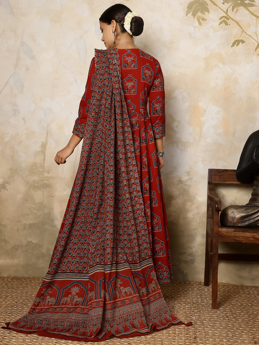Cotton Calf Length Printed Flared 3/4 Sleeves V Neck Kurta, Bottom With Dupatta