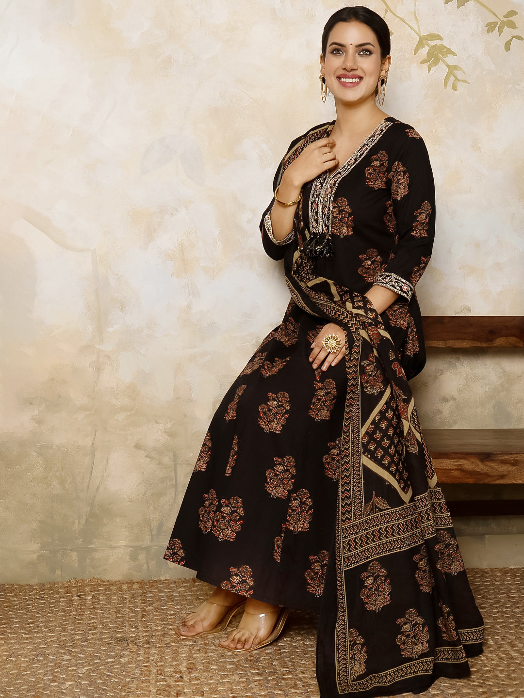 Cotton Calf Length Printed Flared 3/4 Sleeves V Neck Kurta, Bottom With Dupatta