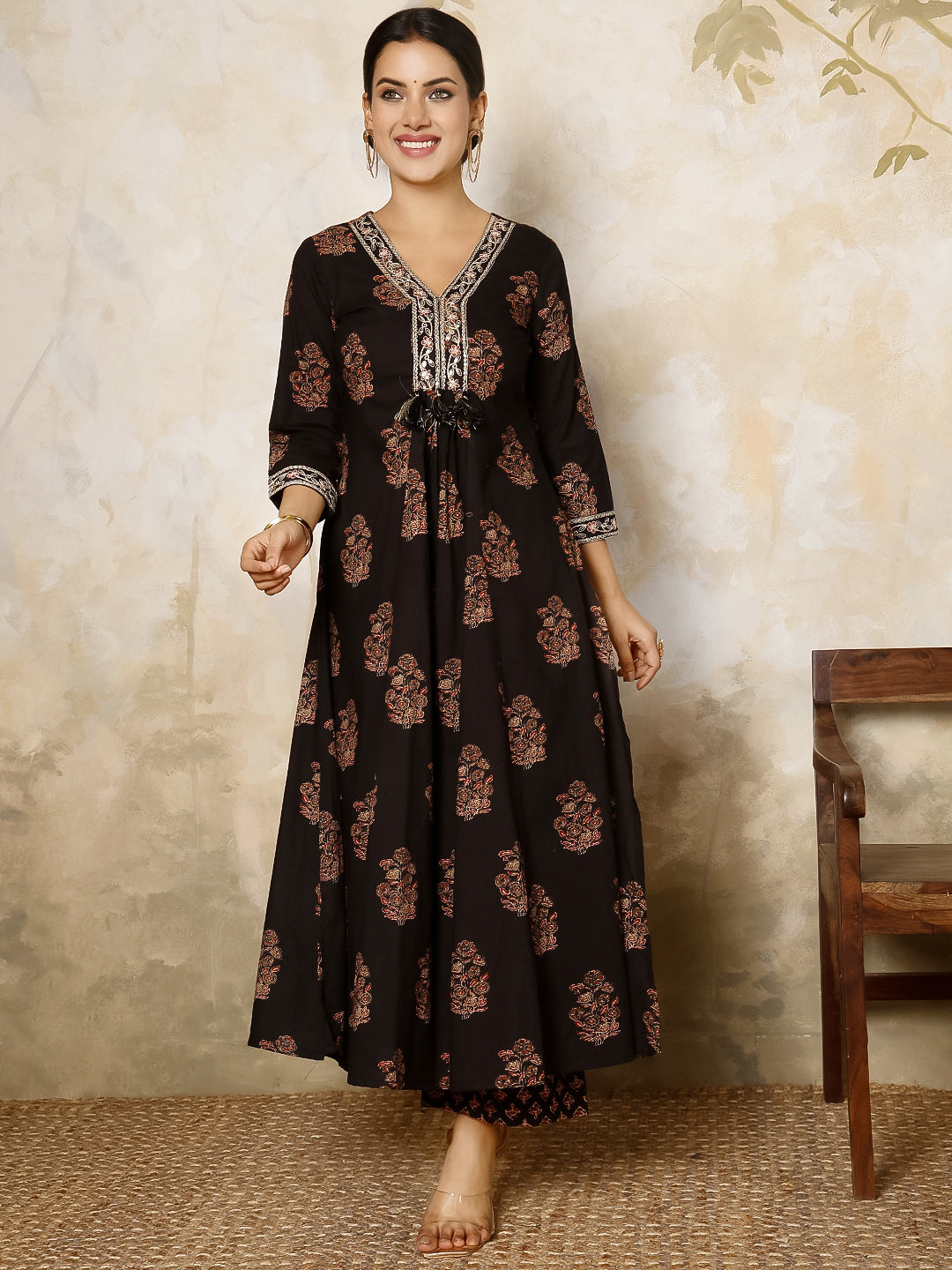 Cotton Calf Length Printed Flared 3/4 Sleeves V Neck Kurta, Bottom With Dupatta