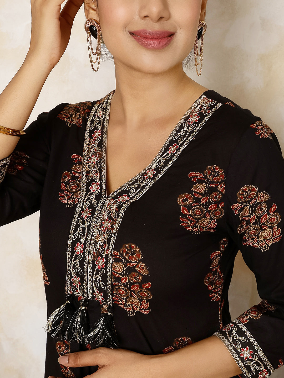 Cotton Calf Length Printed Flared 3/4 Sleeves V Neck Kurta, Bottom With Dupatta