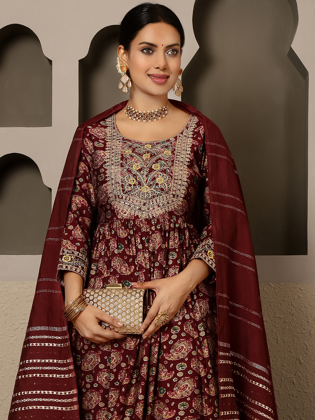 Rayon Calf Length Printed Flared 3/4 Sleeves Round Kurta, Bottom With Dupatta