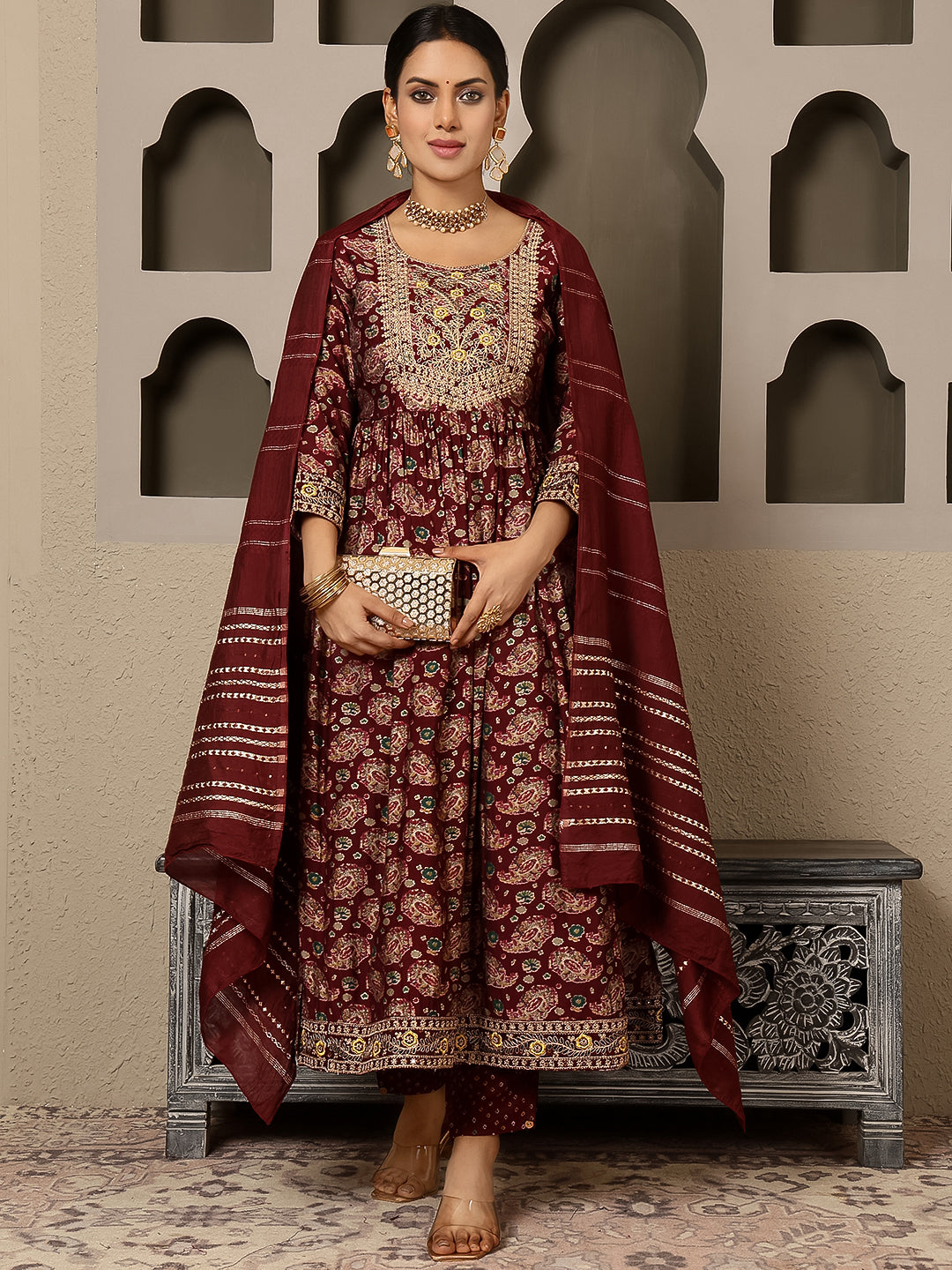 Rayon Calf Length Printed Flared 3/4 Sleeves Round Kurta, Bottom With Dupatta
