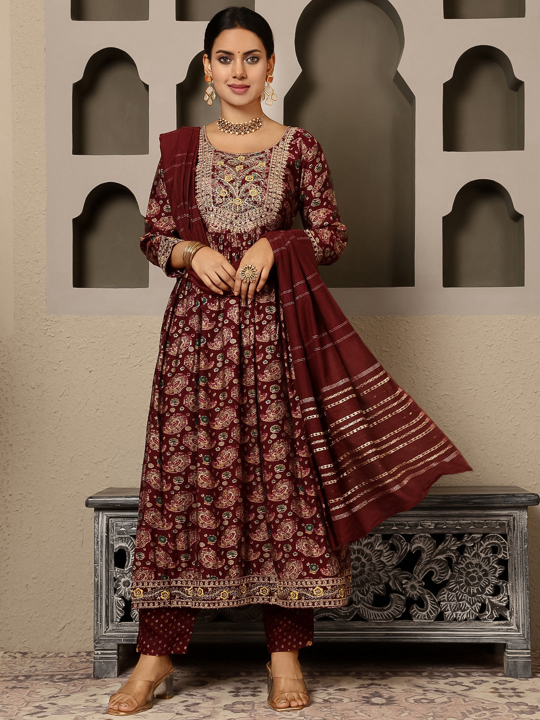 Rayon Calf Length Printed Flared 3/4 Sleeves Round Kurta, Bottom With Dupatta