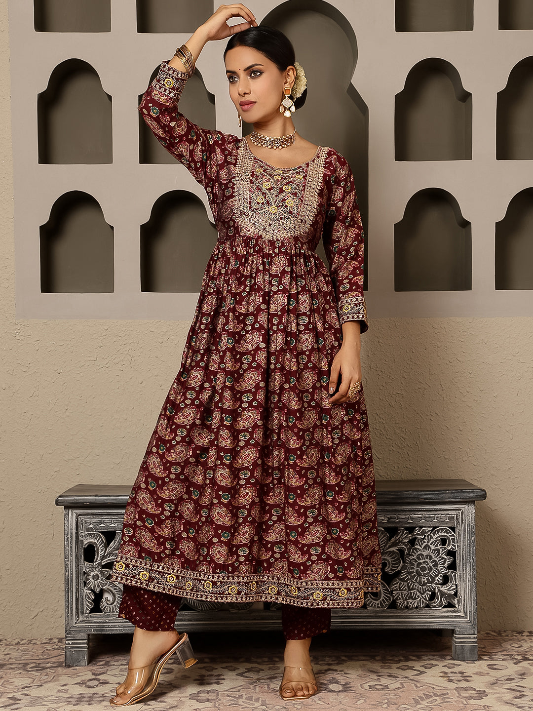 Rayon Calf Length Printed Flared 3/4 Sleeves Round Kurta, Bottom With Dupatta