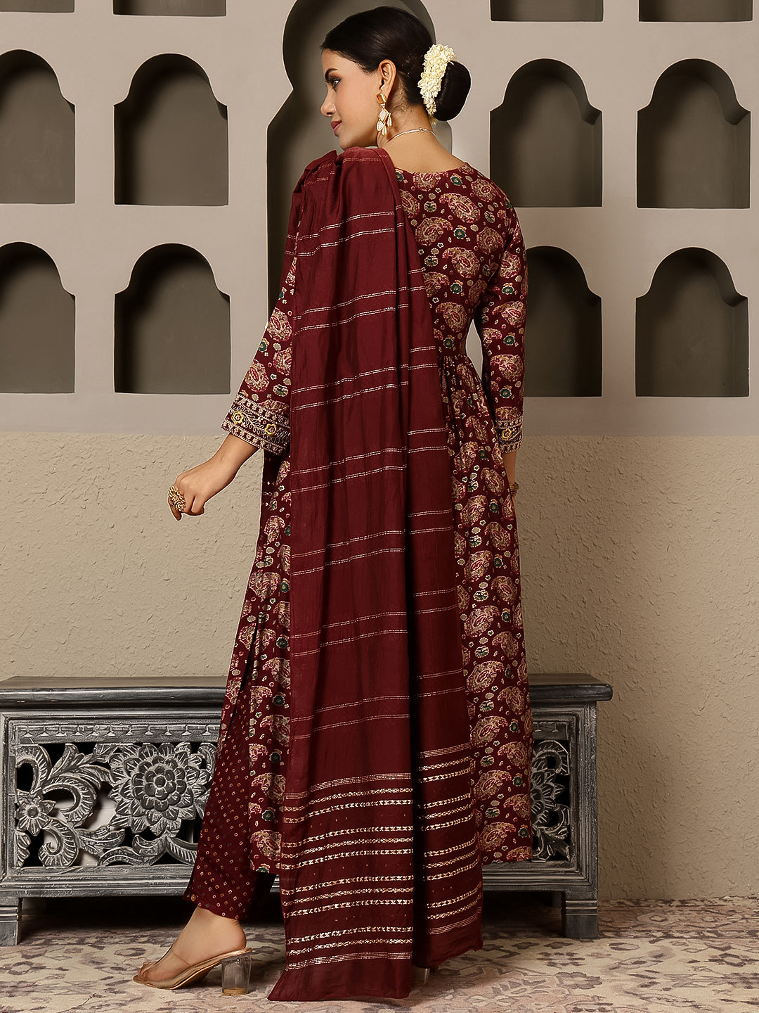Rayon Calf Length Printed Flared 3/4 Sleeves Round Kurta, Bottom With Dupatta
