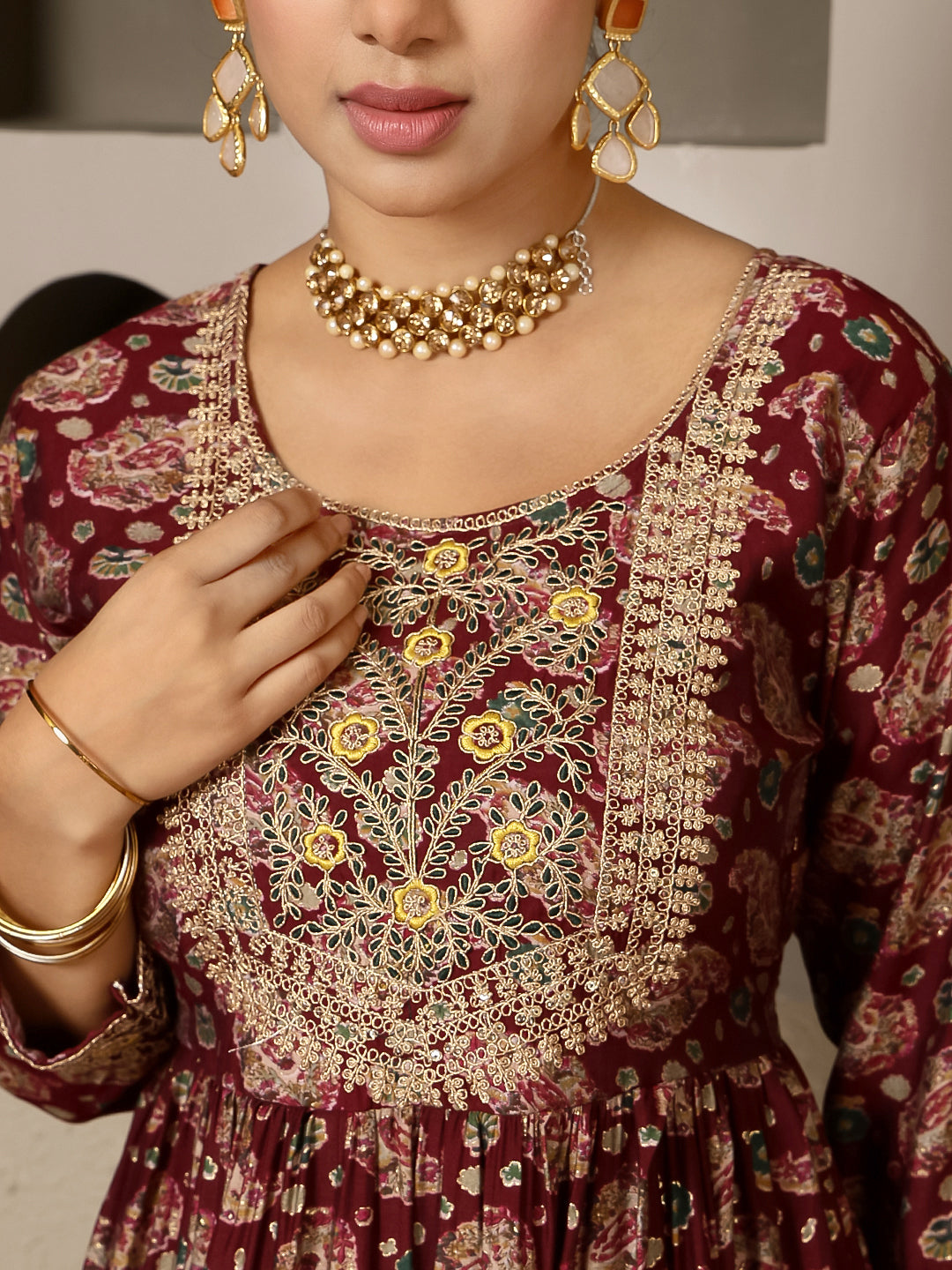 Rayon Calf Length Printed Flared 3/4 Sleeves Round Kurta, Bottom With Dupatta