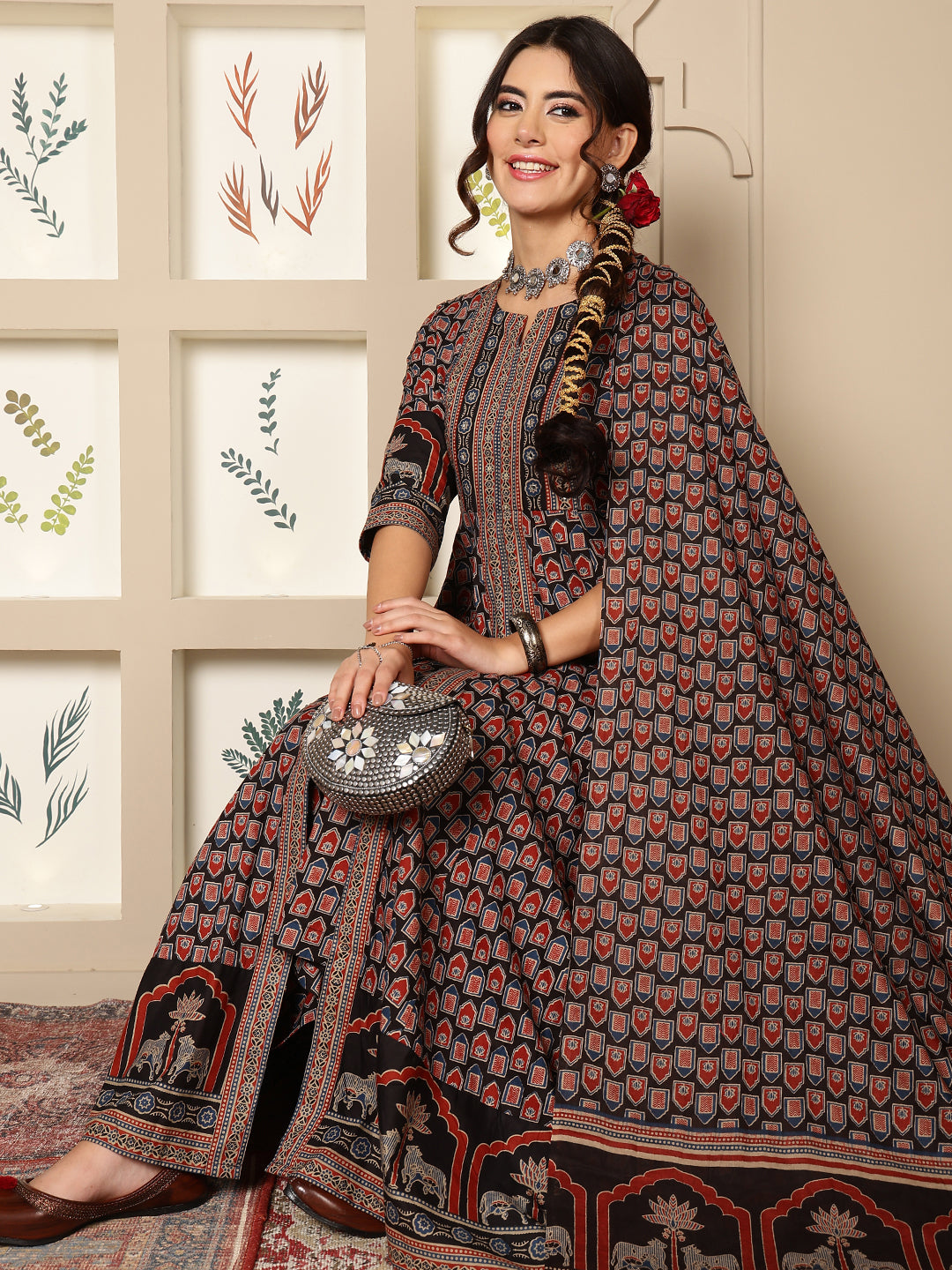 Cotton Calf Length Printed Flared 3/4 Sleeves Round Neck Kurta, Bottom With Dupatta