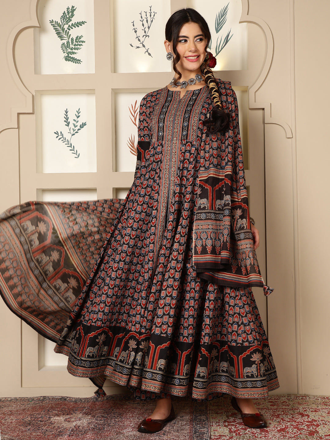 Cotton Calf Length Printed Flared 3/4 Sleeves Round Neck Kurta, Bottom With Dupatta