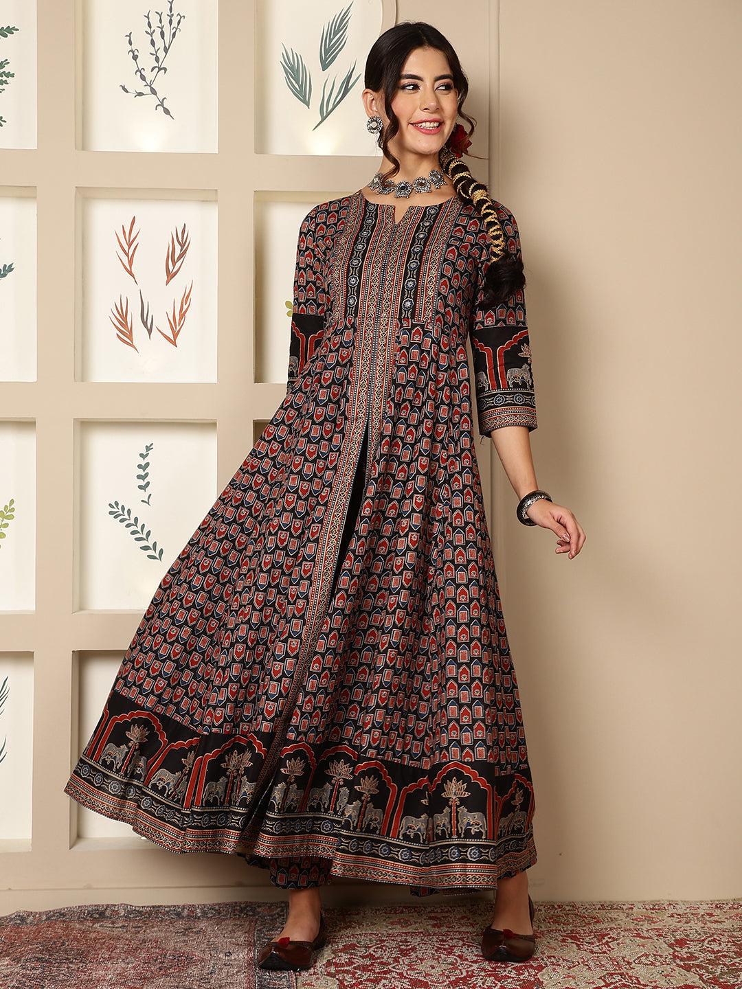 Cotton Calf Length Printed Flared 3/4 Sleeves Round Neck Kurta, Bottom With Dupatta