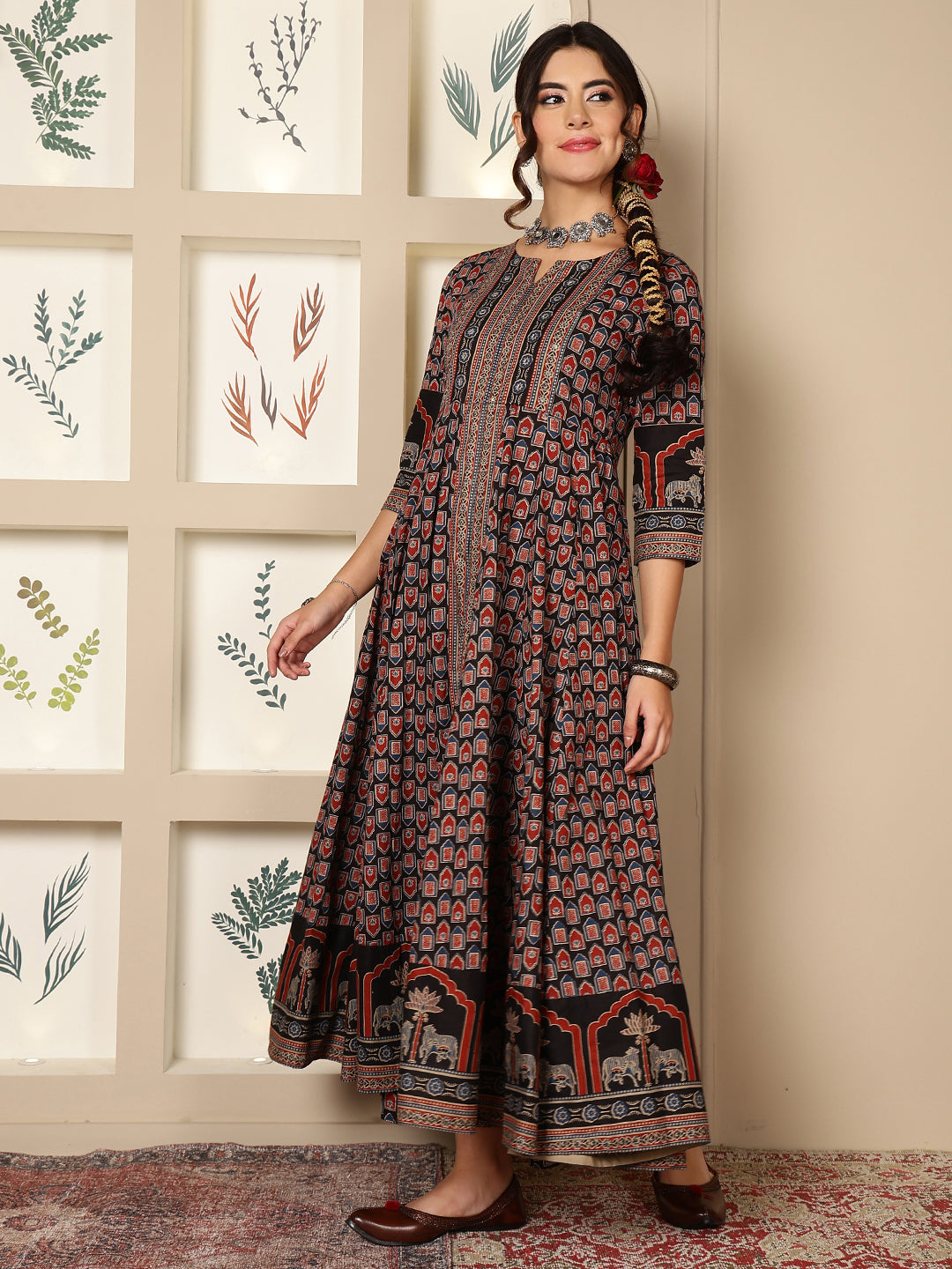 Cotton Calf Length Printed Flared 3/4 Sleeves Round Neck Kurta, Bottom With Dupatta