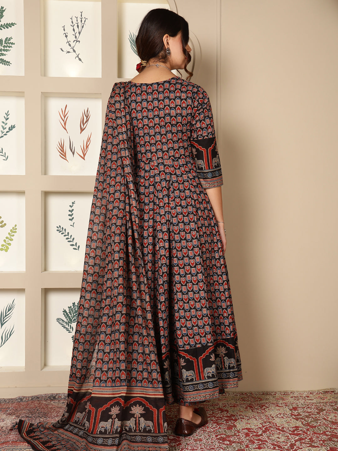 Cotton Calf Length Printed Flared 3/4 Sleeves Round Neck Kurta, Bottom With Dupatta