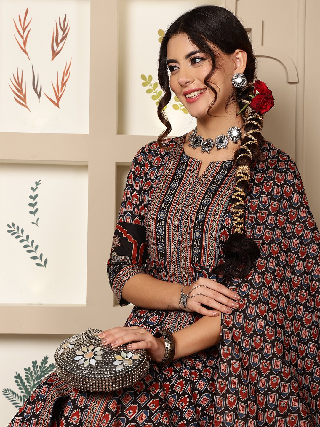Cotton Calf Length Printed Flared 3/4 Sleeves Round Neck Kurta, Bottom With Dupatta