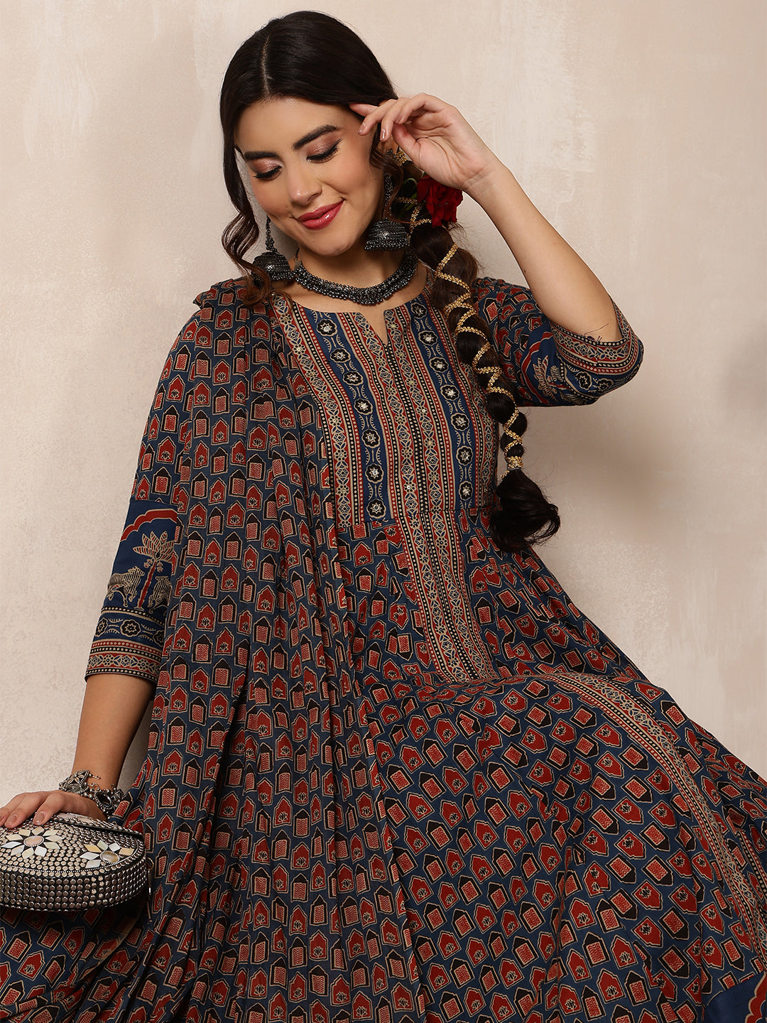 Cotton Calf Length Printed Flared 3/4 Sleeves Round Neck Kurta, Bottom With Dupatta
