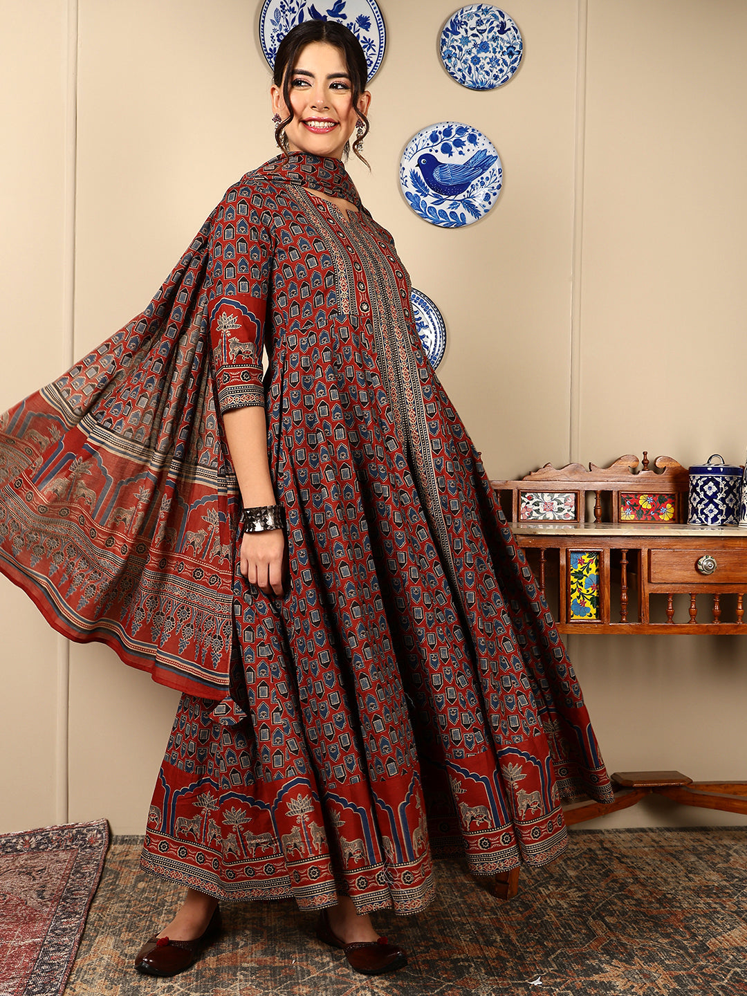 Cotton Calf Length Printed Flared 3/4 Sleeves Round Neck Kurta, Bottom With Dupatta