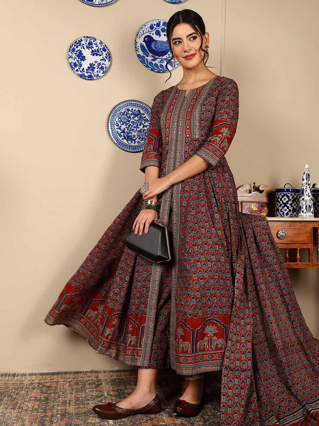 Cotton Calf Length Printed Flared 3/4 Sleeves Round Neck Kurta, Bottom With Dupatta