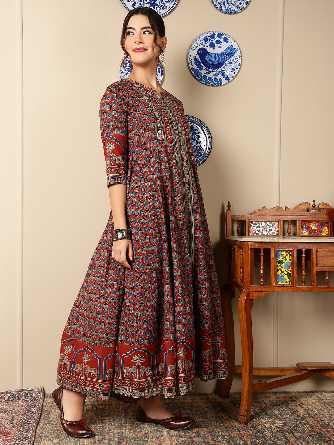 Cotton Calf Length Printed Flared 3/4 Sleeves Round Neck Kurta, Bottom With Dupatta