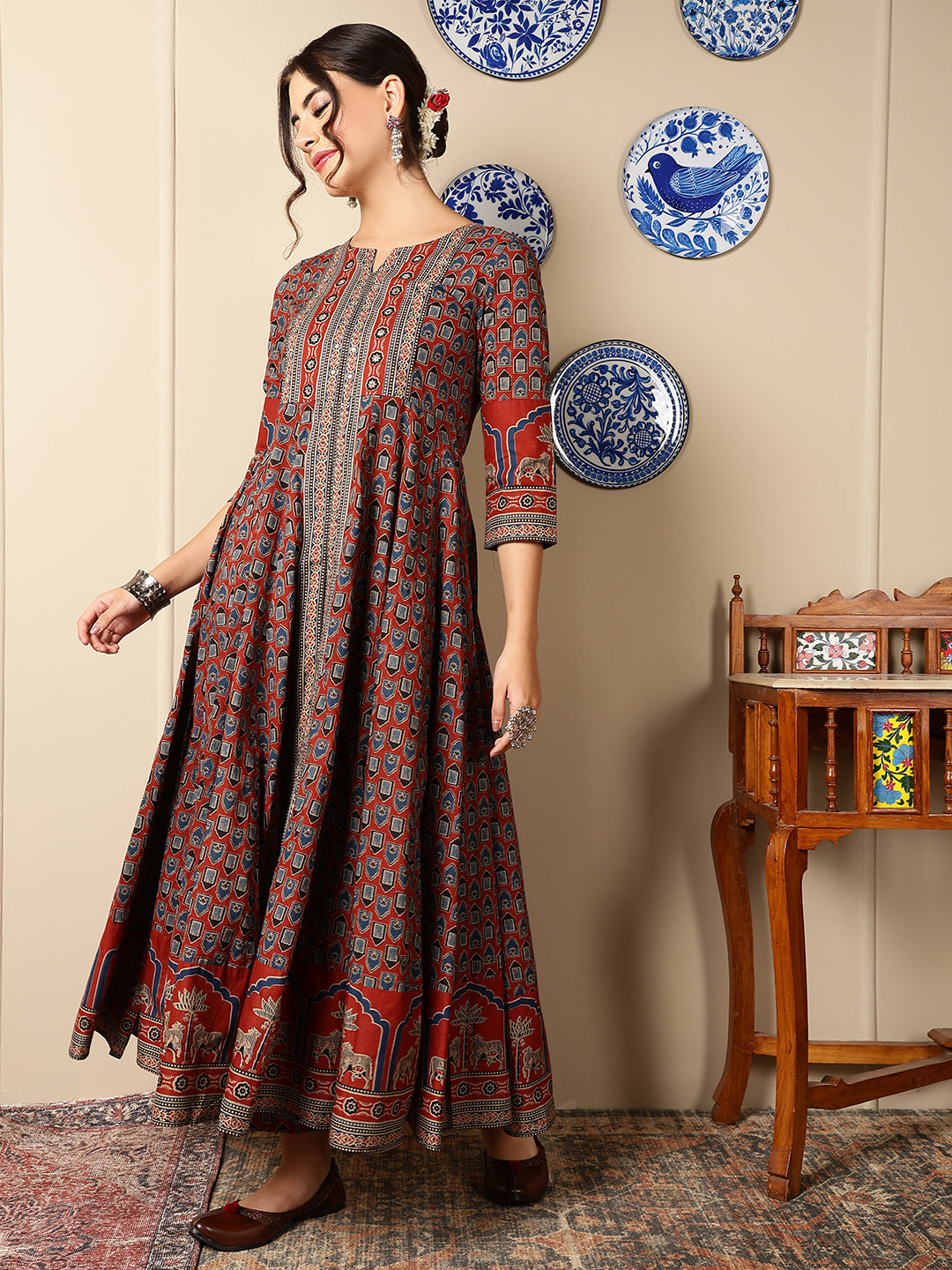 Cotton Calf Length Printed Flared 3/4 Sleeves Round Neck Kurta, Bottom With Dupatta