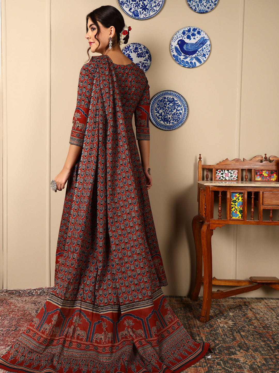 Cotton Calf Length Printed Flared 3/4 Sleeves Round Neck Kurta, Bottom With Dupatta