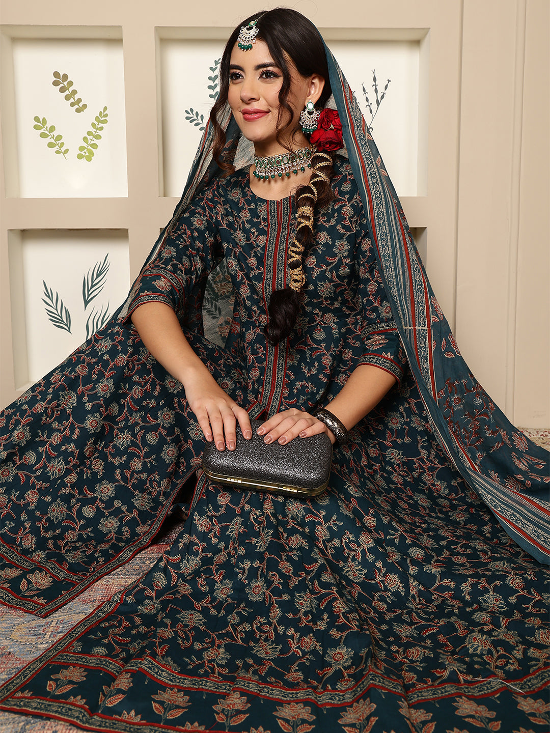 Cotton Calf Length Printed Flared 3/4 Sleeves Round Neck Kurta, Bottom With Dupatta