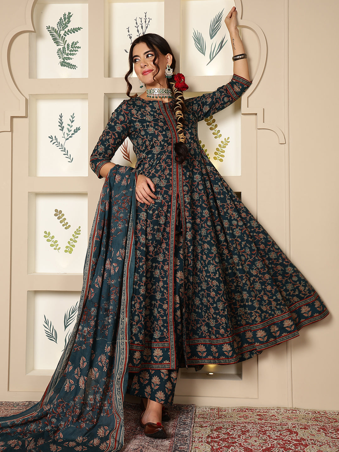 Cotton Calf Length Printed Flared 3/4 Sleeves Round Neck Kurta, Bottom With Dupatta