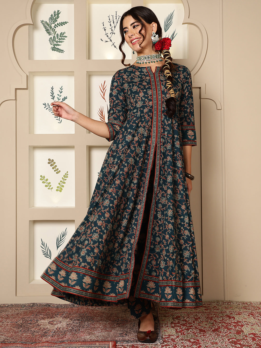 Cotton Calf Length Printed Flared 3/4 Sleeves Round Neck Kurta, Bottom With Dupatta