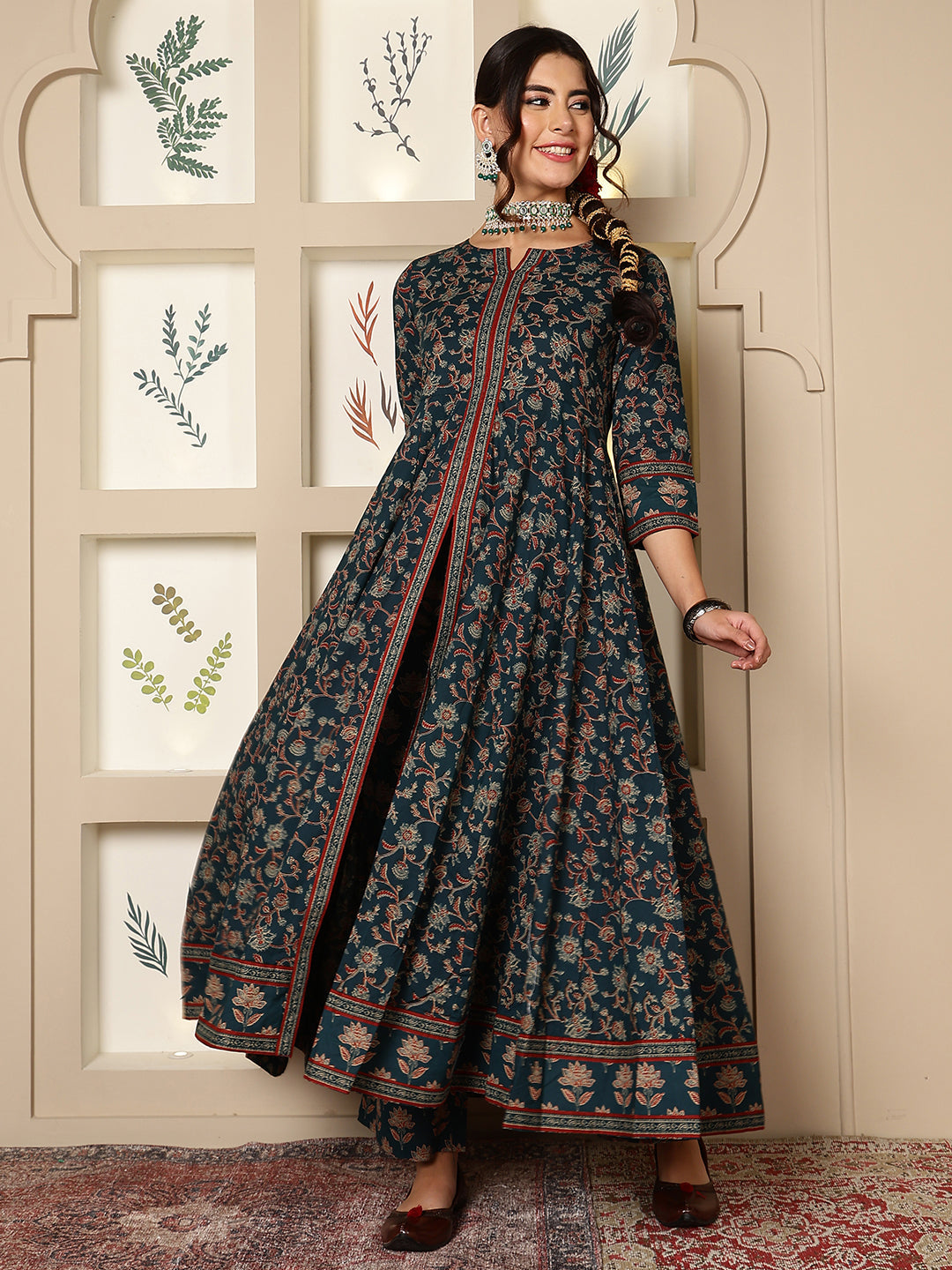 Cotton Calf Length Printed Flared 3/4 Sleeves Round Neck Kurta, Bottom With Dupatta