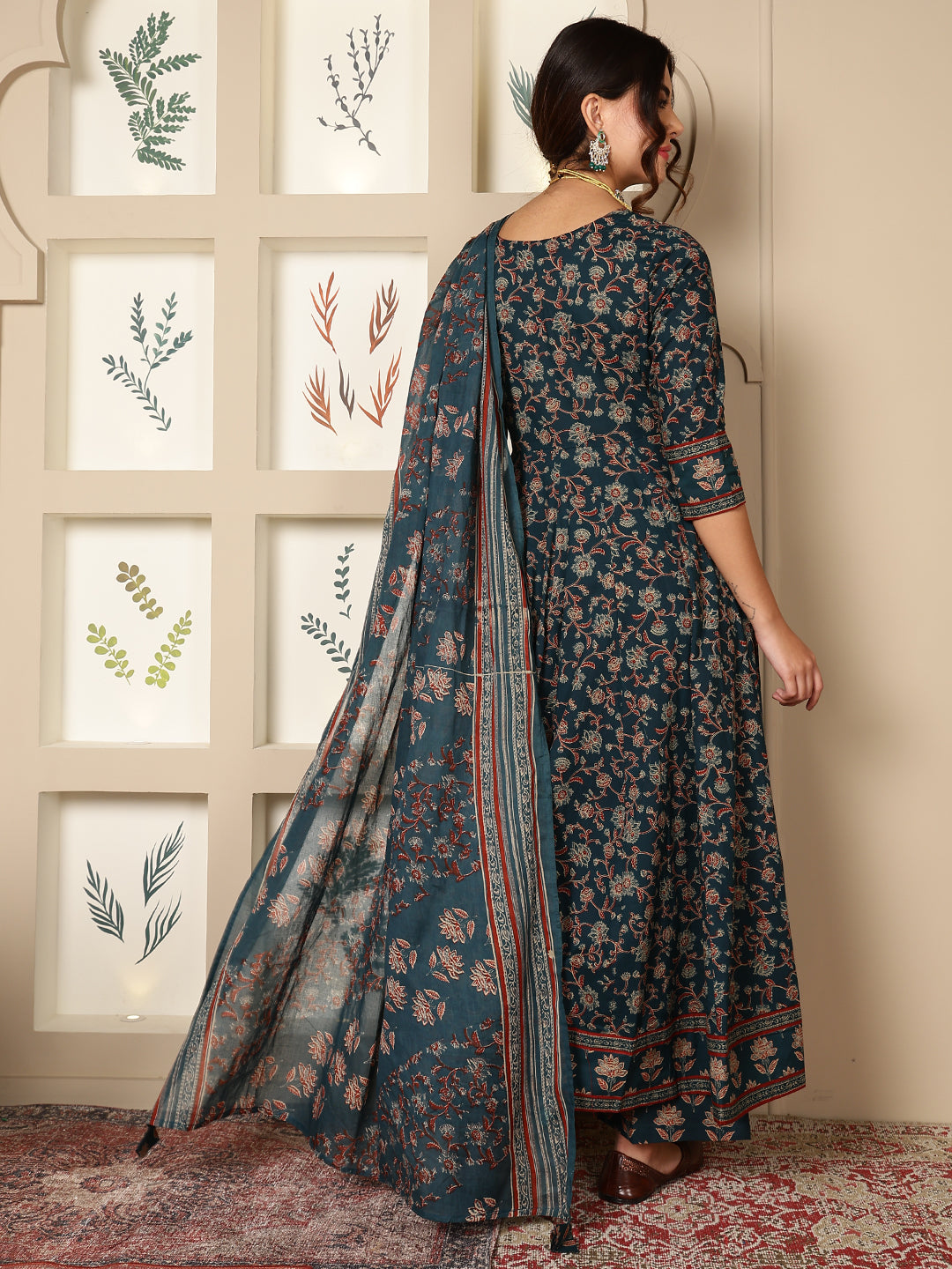 Cotton Calf Length Printed Flared 3/4 Sleeves Round Neck Kurta, Bottom With Dupatta