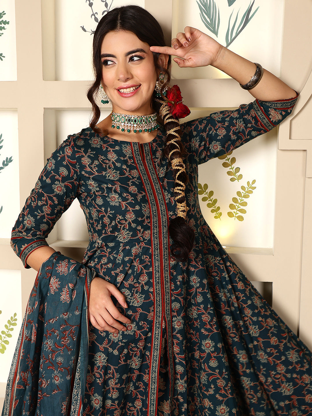 Cotton Calf Length Printed Flared 3/4 Sleeves Round Neck Kurta, Bottom With Dupatta