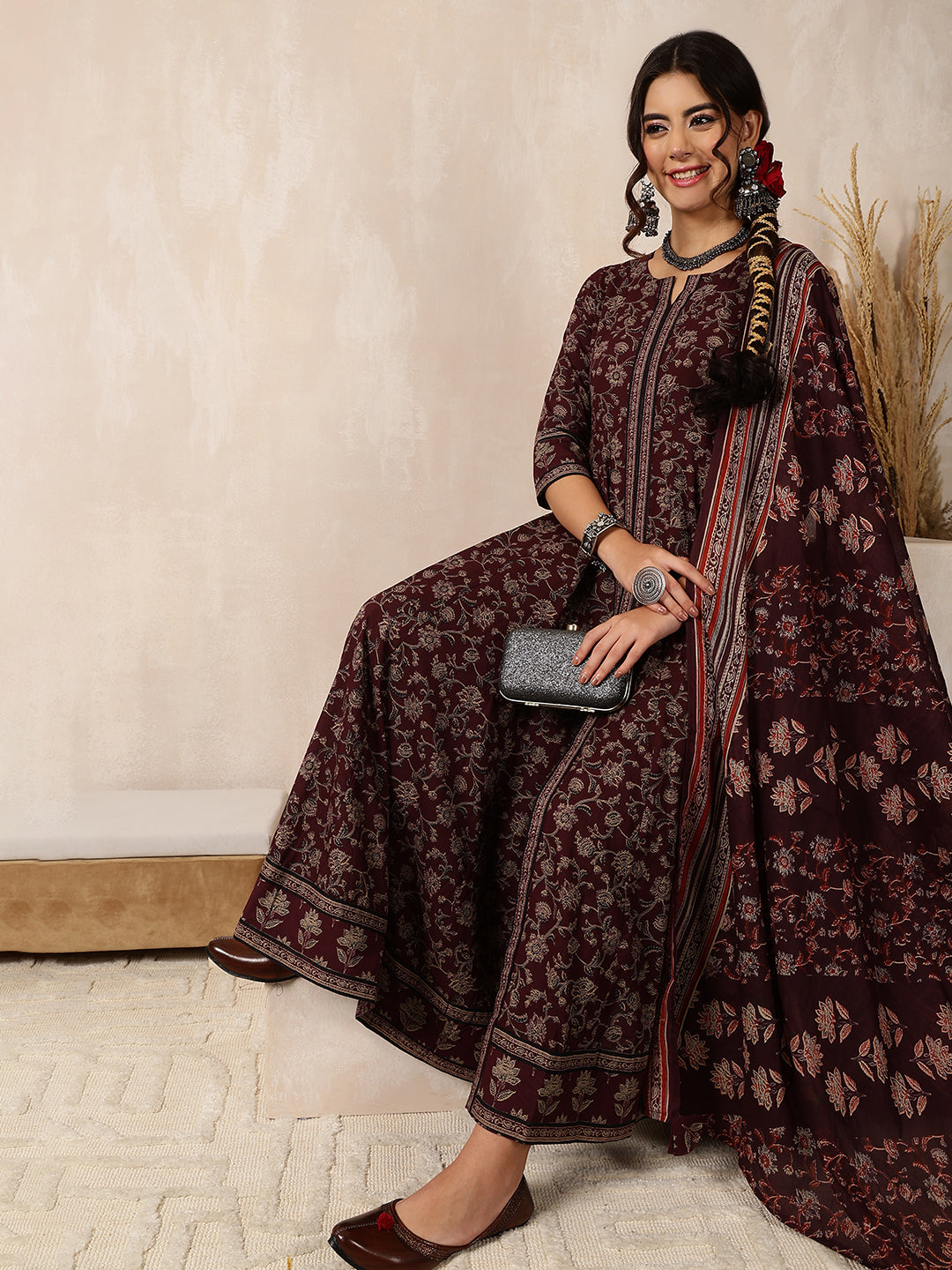 Cotton Calf Length Printed Flared 3/4 Sleeves Round Neck Kurta, Bottom With Dupatta