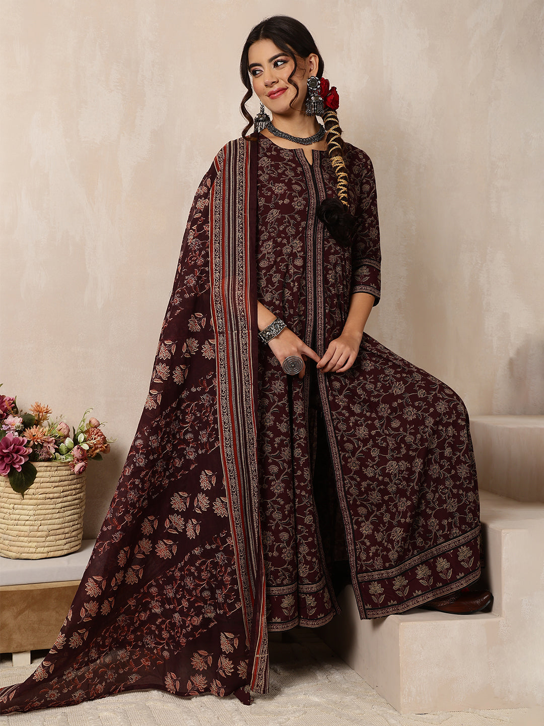 Cotton Calf Length Printed Flared 3/4 Sleeves Round Neck Kurta, Bottom With Dupatta