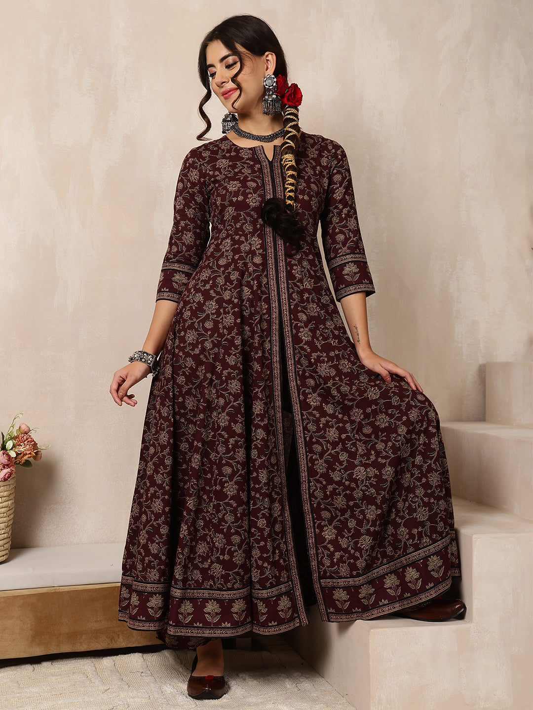 Cotton Calf Length Printed Flared 3/4 Sleeves Round Neck Kurta, Bottom With Dupatta