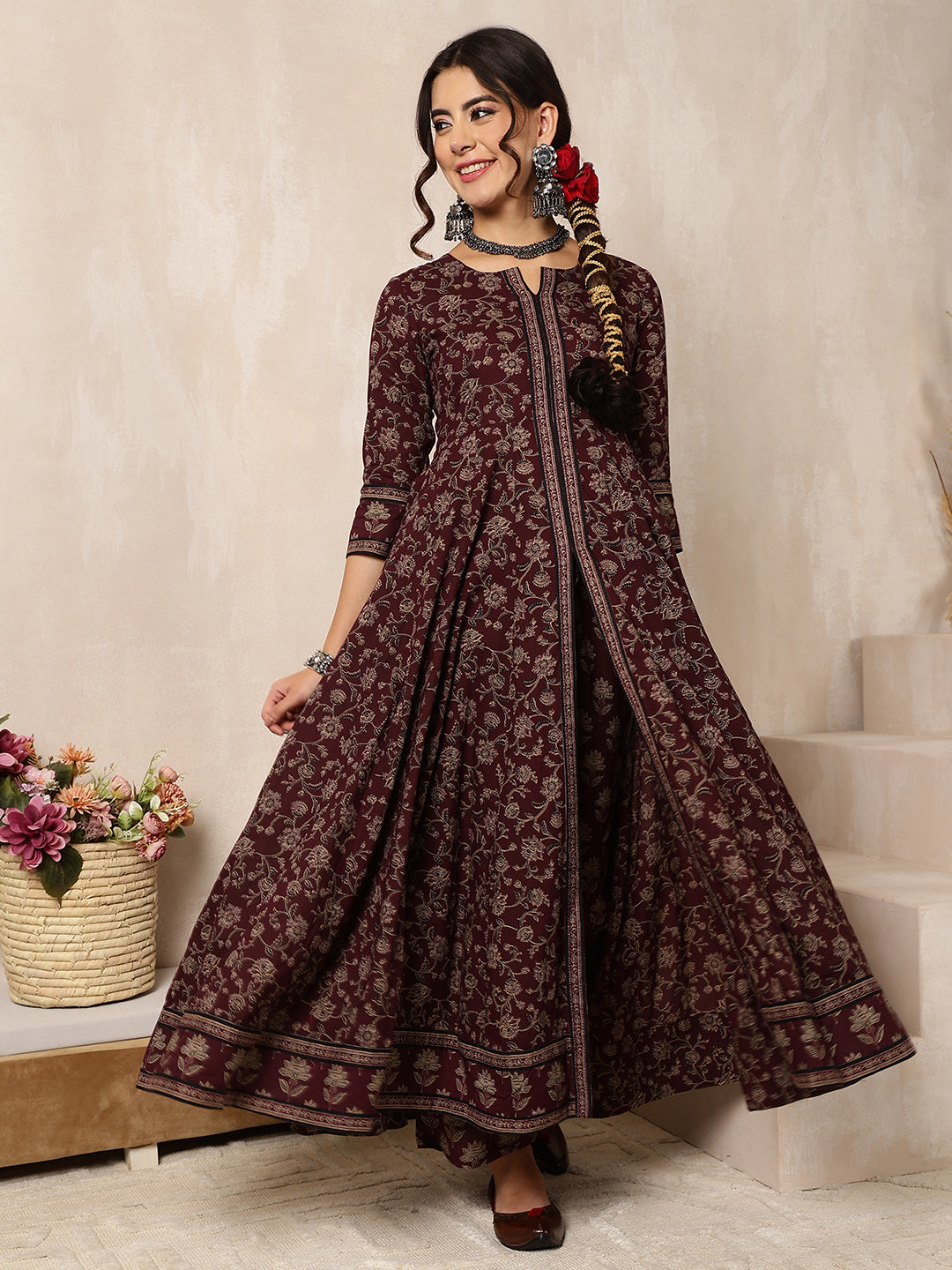 Cotton Calf Length Printed Flared 3/4 Sleeves Round Neck Kurta, Bottom With Dupatta