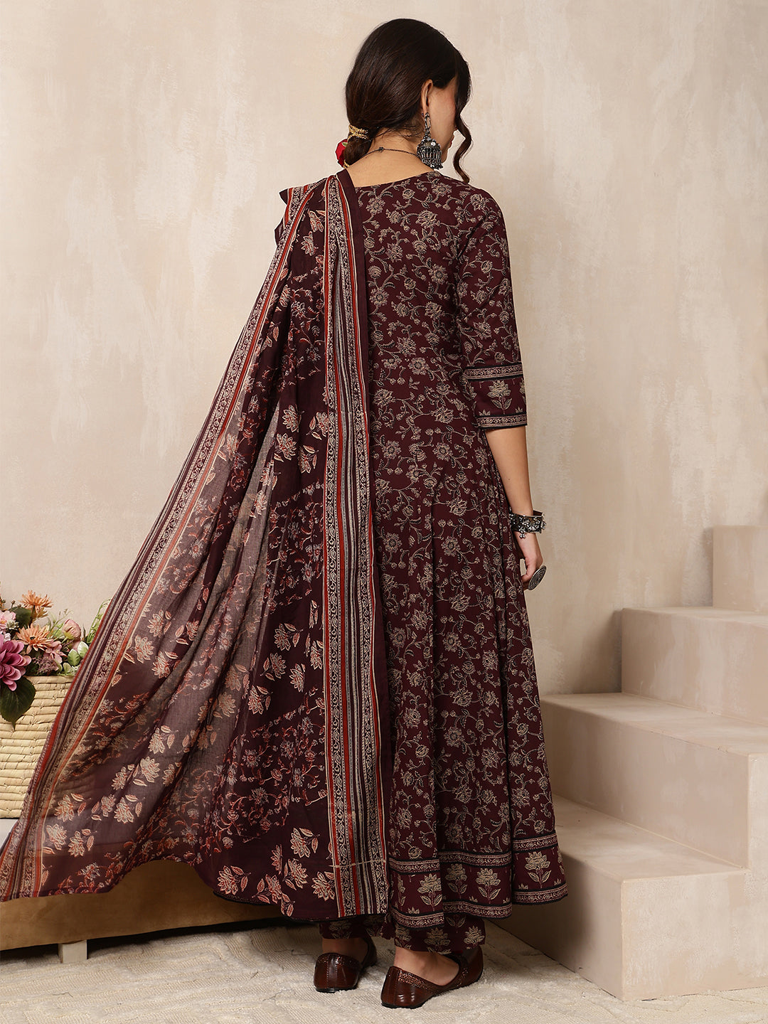 Cotton Calf Length Printed Flared 3/4 Sleeves Round Neck Kurta, Bottom With Dupatta