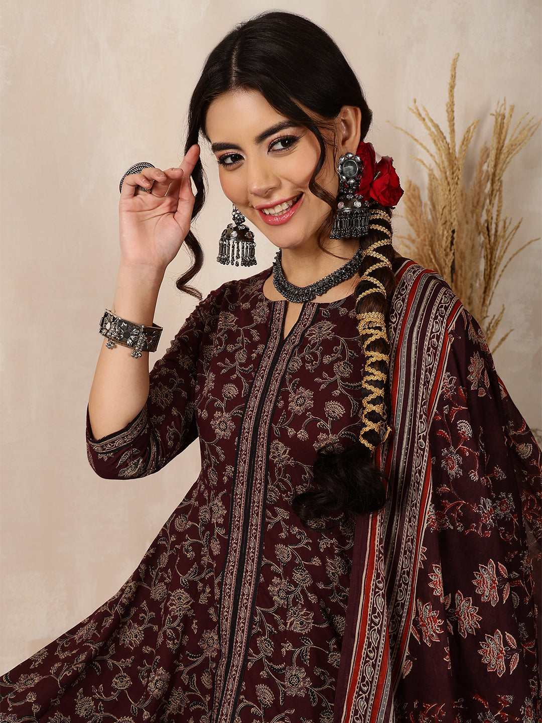 Cotton Calf Length Printed Flared 3/4 Sleeves Round Neck Kurta, Bottom With Dupatta