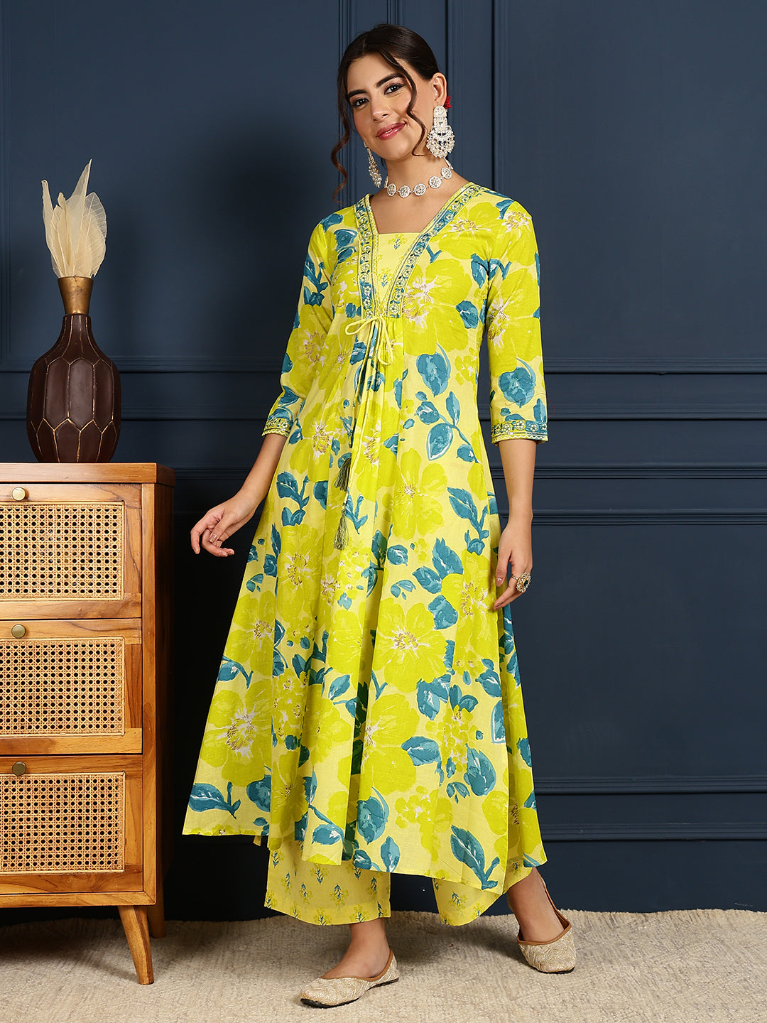 Cotton Calf Length Printed Flared 3/4 Sleeves V-Neck Kurta, Bottom With Dupatta