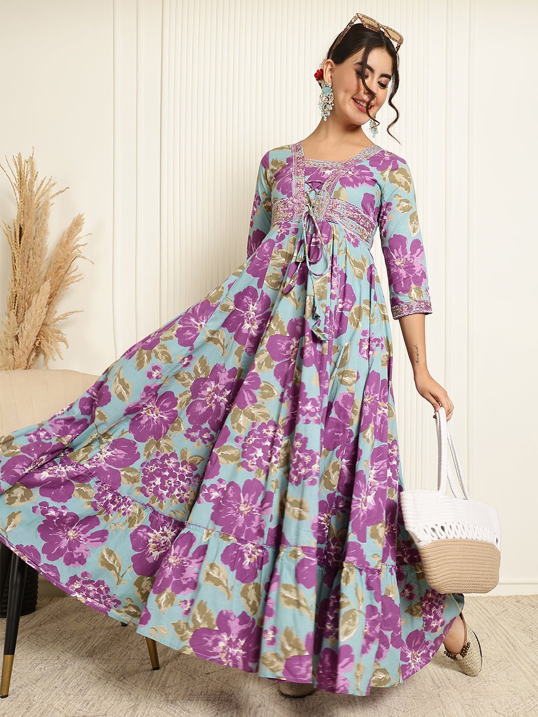 Cotton Ankle Length Printed Flared 3/4 Sleeves V-Neck Gown