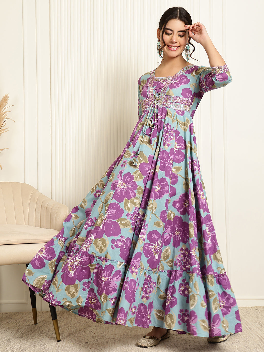 Cotton Ankle Length Printed Flared 3/4 Sleeves V-Neck Gown