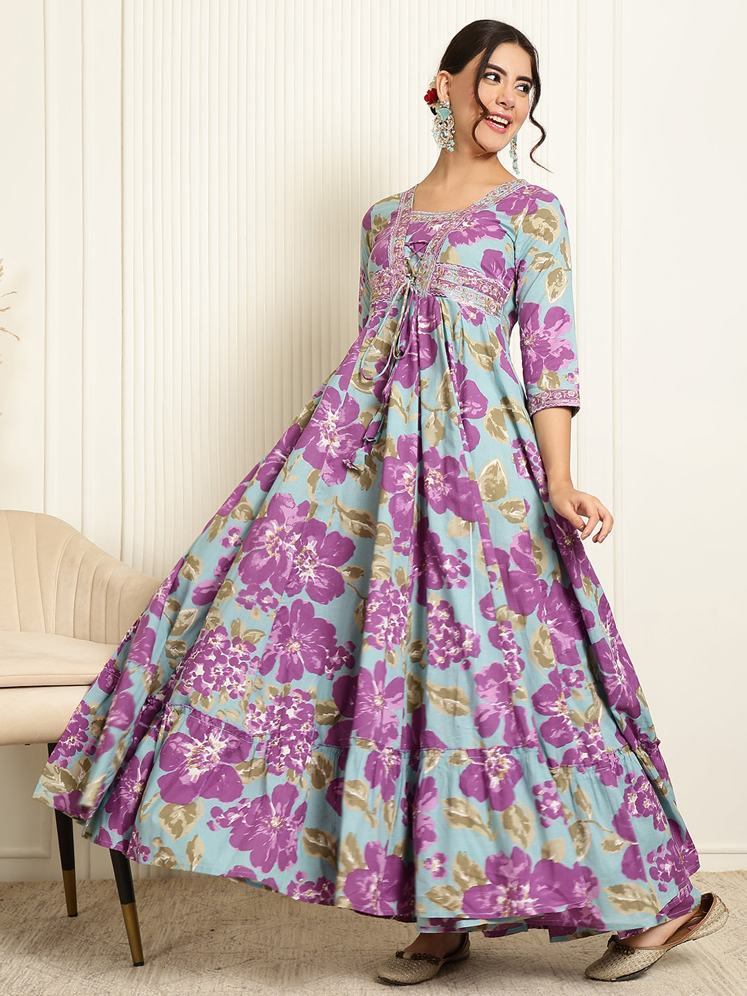 Cotton Ankle Length Printed Flared 3/4 Sleeves V-Neck Gown