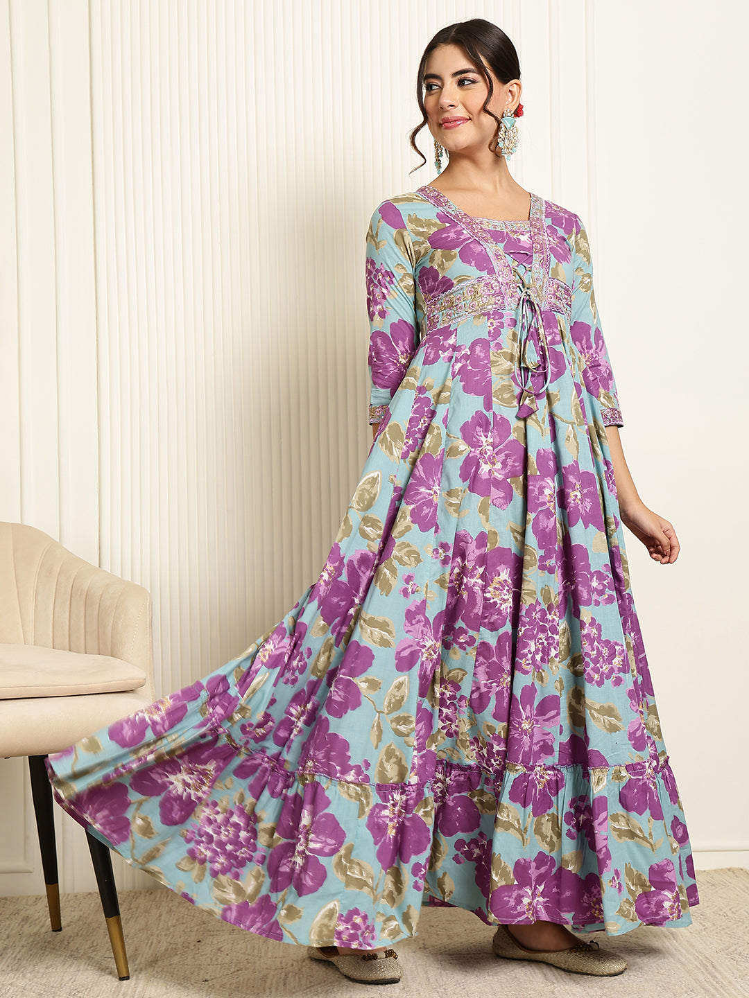 Cotton Ankle Length Printed Flared 3/4 Sleeves V-Neck Gown
